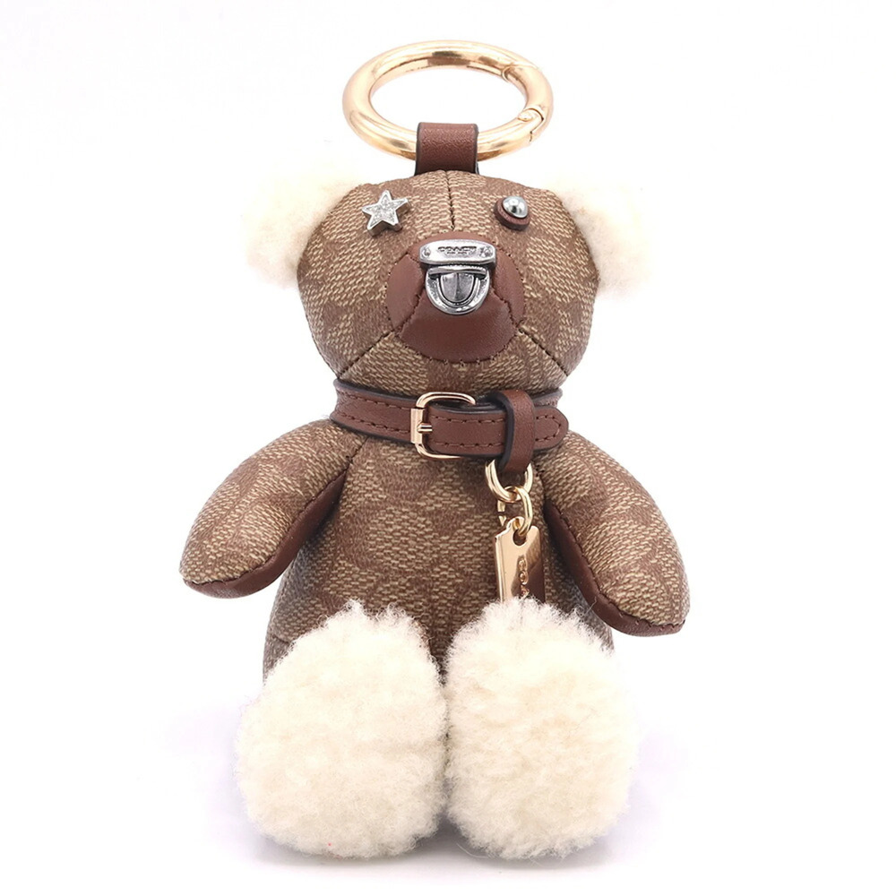Coach Accessories Bag Charm Signature 77676 Khaki Brown Leather Boa Bear Keyr...